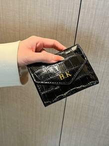 1 件个性化金属鳄鱼压纹翻盖小钱包口袋，金箔压印字母名称定制，超薄女士钱包，双折轻质 PU 皮革身份证钱包，简约时尚现代商务周年纪念礼物 - 黑色 - 查看 3