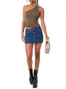 Women's Summer Mini Tank Tops Solid Color Sleeveless Backless One Shoulder Vest Tops - Grey - View 2