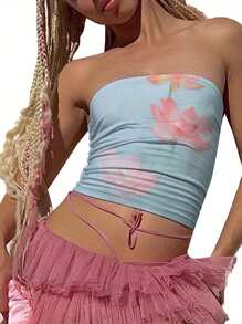 Women's Floral Print Tube Tops Summer Strapless Bandeau Tops Slim Fit Shirts Streetwear - Blue - View 3