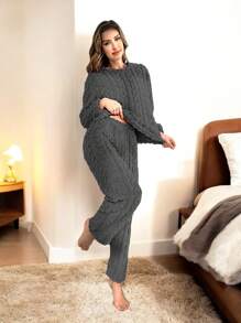 SET PIJAMA PARA DAMA AFELPADA EFECTO TRENZADA GRUESA UNITALLA: S-L - Gris Oscuro - Ver 1