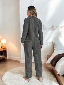 SET PIJAMA PARA DAMA AFELPADA EFECTO TRENZADA GRUESA UNITALLA: S-L - Gris Oscuro - Ver 4