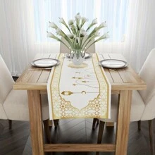 1pc Ramadan Themed Polyester Table Runner, Traditional Golden Floral Pattern, Suitable For Ramadan, Eid Al Fitr Celebration Decoration, For Table, Coffee Table, Bar Counter Decor, Holiday Supplies - Multicolor - View 9
