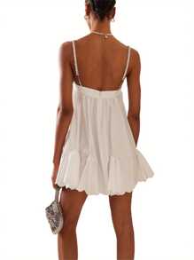 Women Loose Spaghetti Strap Dress Summer Crystal Rhinestone Cutout Cocktail Party Mini A-Line Dress For Beach Nightclub - White - View 3