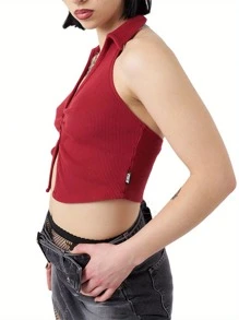 Tops sin mangas de mujer con cuello de solapa, tops cortos con botones de unicolor - Rojo - Ver 5