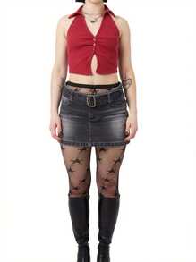 Tops sin mangas de mujer con cuello de solapa, tops cortos con botones de unicolor - Rojo - Ver 1