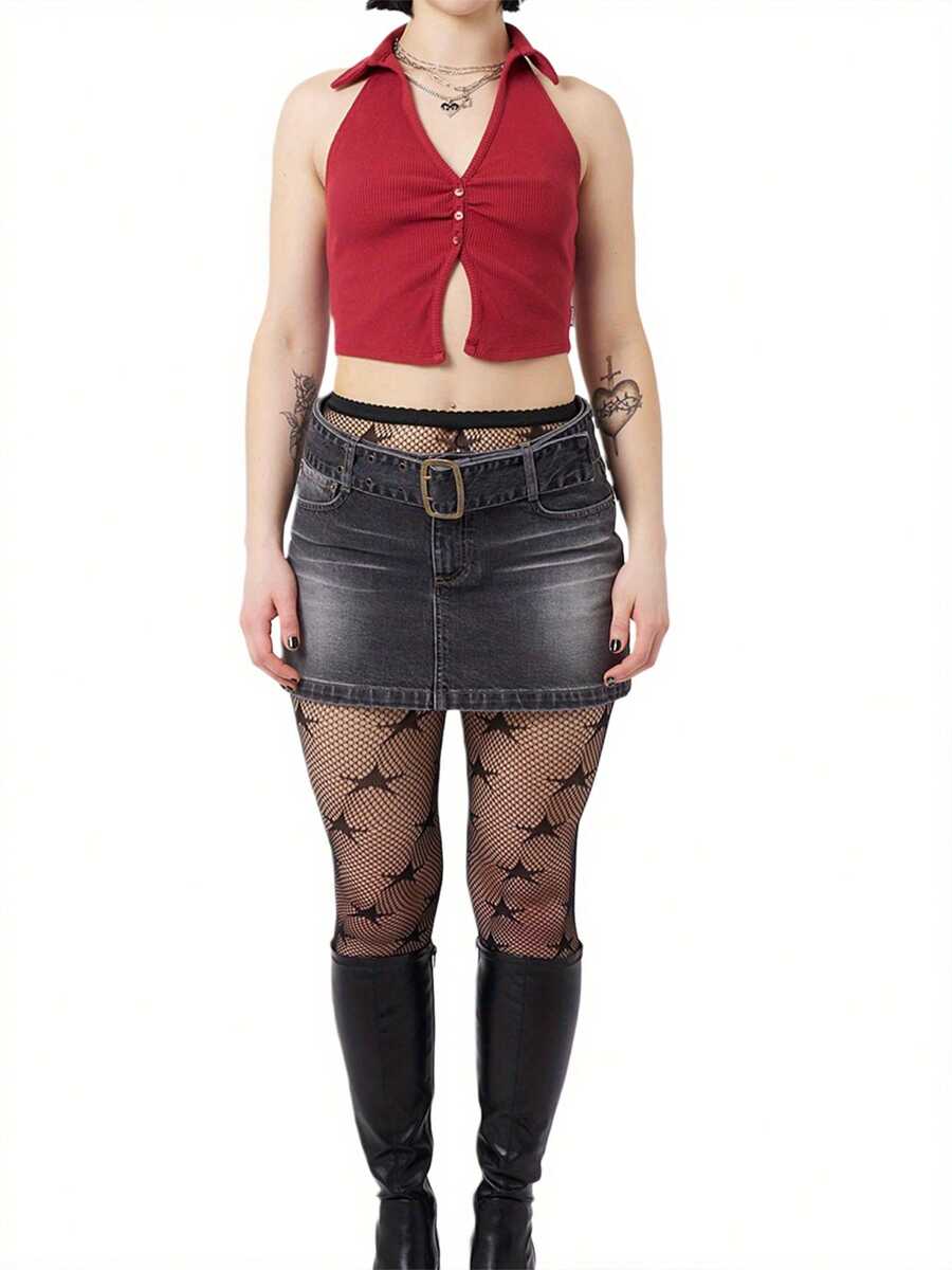 Tops sin mangas de mujer con cuello de solapa, tops cortos con botones de unicolor - Rojo - Ver 1