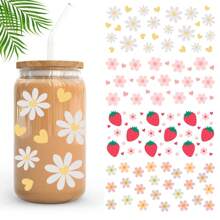 1Pc/4Pcs Daisy Strawberry Flower Heart UV Dtf Cup Wraps Transfer Sticker For Cup Mug Watter Bottle Tumbler Laptop Furniture Phonecase Waterproof & Scratch-Resistent UV Dtf Wraps Decal For 16oz Libbey Glass Cup DIY Craft Decorations Rub On Transfers Stickers For 16 Oz Libbey Glasses Mug Tumbler Bottle Phone Laptop Furniture Back To School