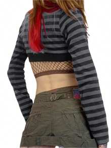 Womens Y2k Crop Tops U-Neck Button Up Long Sleeve Striped Shrug Slim Fit Vintage T Shirt - màu đen - Xem 3