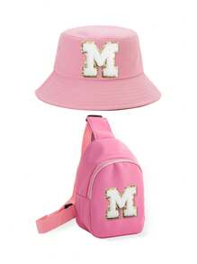 2pcs/Set Kids 26 Letters Bucket Hat And Bag Set, Suitable For Boys And Girls Casual Outings In Spring & Autumn - Pink - View 4