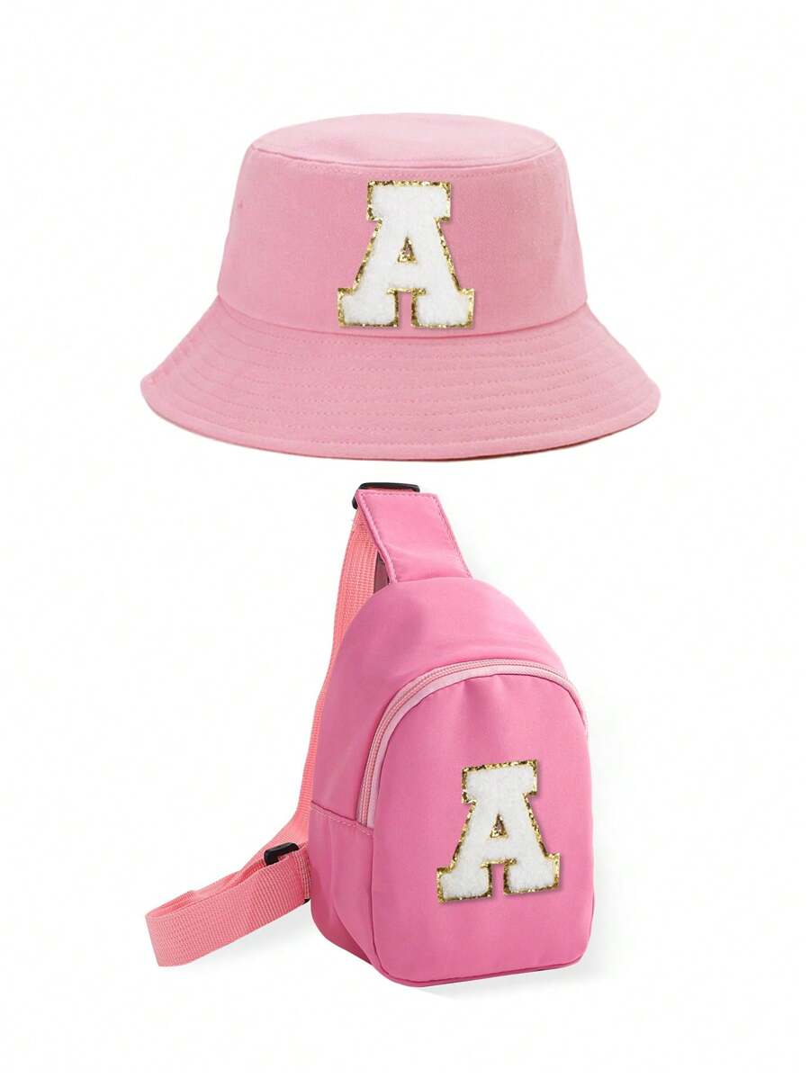 2pcs/Set Kids 26 Letters Bucket Hat And Bag Set, Suitable For Boys And Girls Casual Outings In Spring & Autumn - Pink - View 1