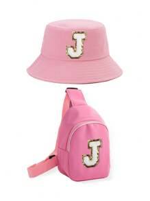 2pcs/Set Kids 26 Letters Bucket Hat And Bag Set, Suitable For Boys And Girls Casual Outings In Spring & Autumn - Pink - View 3