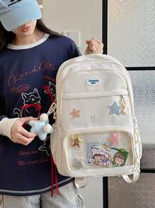 حقيبة ظهر نسائية باللون الوردي، حقيبة ظهر شفافة أنيقة من تصميم اللحف العشوائي، حقيبة نايلون كاجوال سعة كبيرة للسفر، حقيبة أنثوية هاراجوكو (مع خلاصة نجمة خماسية اللون عشوائي وبطاقة) - متعدد الألوان - مشاهدة 23