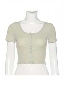 Women Stretchy Knitted Crop Top, Button Tight Rib-Knitted Short Sleeve Cropped Short Top - 淺綠色 - 查看 2