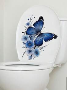 mama look 1pc Blue Butterfly Toilet Sticker Wall Decor, Self-Adhesive Removable PVC Bathroom Wall Art Stickers