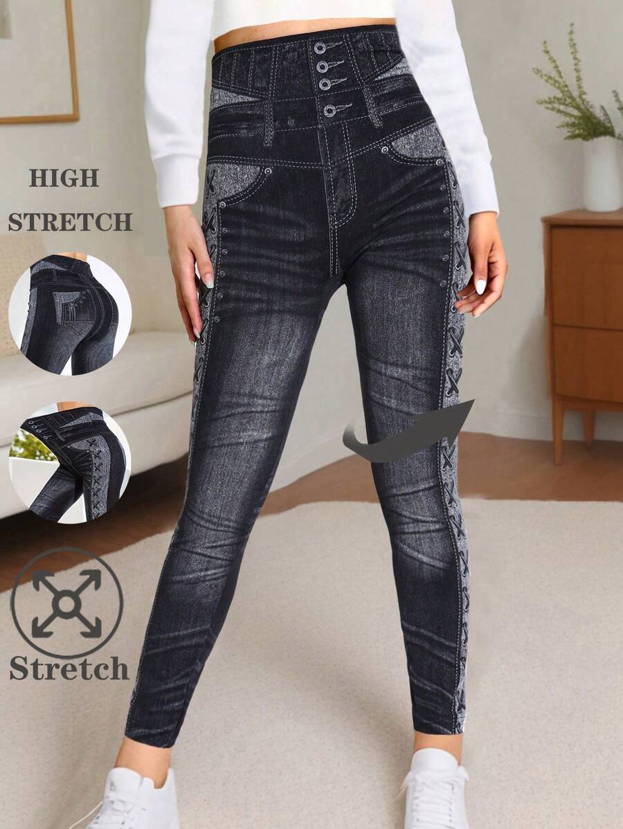 Quần legging thể thao thường ngày thời trang nữ có dây rút cạp cao màu đen in họa tiết denim hiệu ứng ôm vừa vặn co giãn cao mềm mại thoải mái cho tập thể dục tại nhà yoga thể dục hoạt động ngoài trời du lịch đi bộ - màu đen - Xem 1