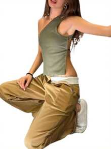 Women's Summer Mini Tank Tops Solid Color Sleeveless Backless One Shoulder Vest Tops - Grey - View 6