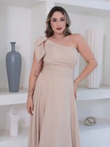 Victoria Long Luxury Dress Plain Duna Linen With Bow One Shoulder - Beige - View 5