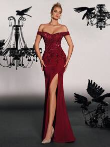 VIPGIRL Gold Off-Shoulder High-Slit Elegant Luxury Formal Gown - Red - View 5
