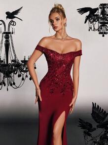 VIPGIRL Gold Off-Shoulder High-Slit Elegant Luxury Formal Gown - Red - View 7