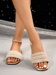 Women's Summer New Black Rhinestone Decor Casual Flat Sandals, Comfortable For Indoor & Outdoor Wear
