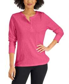 Karen Scott Long Sleeve Cotton Henley - Pink - View 1