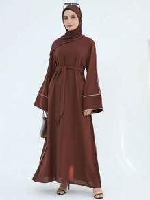 Vestidos sólidos modestos de moda primavera 2025, ropa islámica con mangas abullonadas, abayas de muselina para mujeres musulmanas, batas abayas cerradas - Café integral - Ver 3