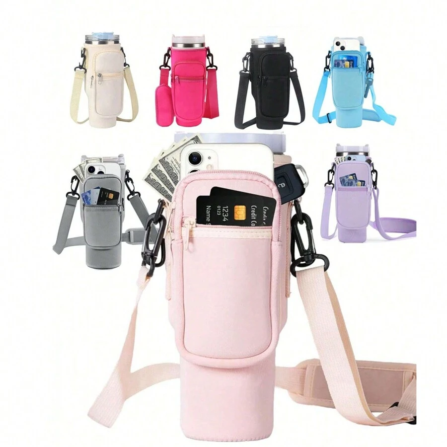 1 件 40 盎司（约 1134.0 毫升）随行杯便携式保护套，配有可调节肩带杯盖、双储物袋、杯子移动零钱包，适合旅行户外健身杯配件 - 彩色 - 查看 1