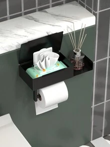 1个卫生纸架 - 带湿巾盒和储物架，自粘式壁挂浴室收纳架，卫生纸卷架，完美收纳卫生湿巾，白色/黑色浴室配件/浴室工具 - 彩色 - 查看 5