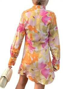 Women Temperament Shirt Dress Floral Printing/Color Matching Lapel Slim Fit Long Sleeve Mini Skirt - 黃色 - 查看 1