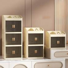 1pc Vanity Makeup Storage Box, Foldable & Sliding Door Design, Clear Cover Cosmetic Display Cabinet, Large Capacity Skincare & Cosmetics Organizer, Ideal Gift For Women, Fits Bedroom & Bathroom Vanities To Store Lipsticks, Brushes, Nail Polish,For Holiday Beach, Bathroom Collection, Bedroom Collection, Large Capacity