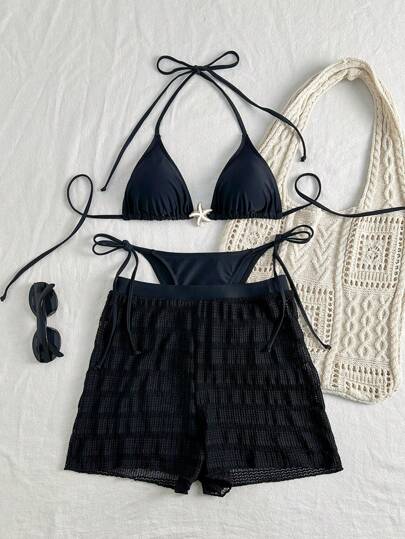 Conjunto de bikini de 3 piezas con diseño sólido en para vacaciones en la playa 2025, de tela de nailon cómoda con tirantes de espagueti, decoración de estrella de mar, bikini de cuello halter sexy con shorts transparentes casuales, conjunto de moda de verano