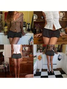 Women Y2k Silk Stain Mini Bubble Shorts Ruffle Micro Pumpkin Pj Bottoms Sleepwear Shorts Puffy Micro Balloon Lounge Pj Shorts Bloomers - 黑色 - 查看 2