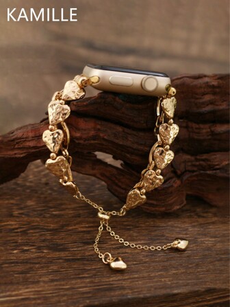 KAMILLE 1pc Women's Creative Fashion Double Row Heart & Chain Adjustable Smart Watch Band Compatible With 38mm 40mm 41mm 42mm 44mm 45mm 49mm Metal Strap For Watch Series Ultra 2 SE 9 8 7 6 5 4 3 2 1, Perfect Valentine's Gift For Her, Pink