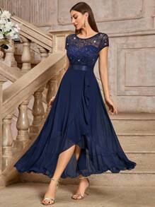 MIUSOL Sequin Floral Lace Contrast Chiffon Cap Sleeve Ruffle Trim Evening Party Long Dress,Elegant Dress For Women,For Graduation,Dinner - Navy Blue - View 7