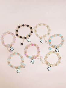 7pcs/Set New Black & White Panda Bead Bracelet Set, Chinese Style Sweet Princess Handmade Unique Friendship Bracelet For Kids, Multi-Color - one-size - View 4