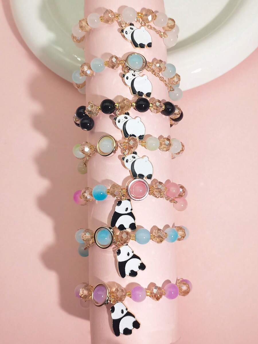 7pcs/Set New Black & White Panda Bead Bracelet Set, Chinese Style Sweet Princess Handmade Unique Friendship Bracelet For Kids, Multi-Color