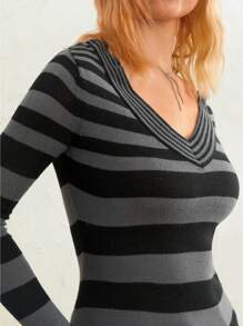 Women Fairy Grunge Knitted Tops Y2k Gothic Spring Autumn Slim Fit Tight Shirt Knitwear Long Sleeve V Neck Striped Knit Tops Sweater Vintage Aesthetic Clothes E-Girls Streetwear 2000s - màu đen - Xem 6