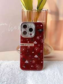 勃艮第花心烟花设计手机保护壳，适用于 iPhone 16 Pro Max、iPhone 15 Pro、iPhone 14 Plus、iPhone 13、iPhone 12、iPhone 11、新年版，硅胶闪光全身保护套 - 酒紅色 - 查看 4