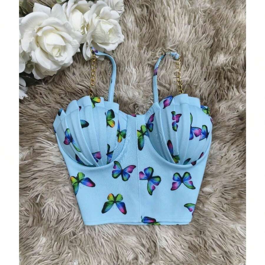 Cropped Top Blouse Thin Strap Chain With Mermaid Bra Fashion Blogger Retro Summer Party Beach Neoprene Suplex Strappy - 青檸色 - 查看 1