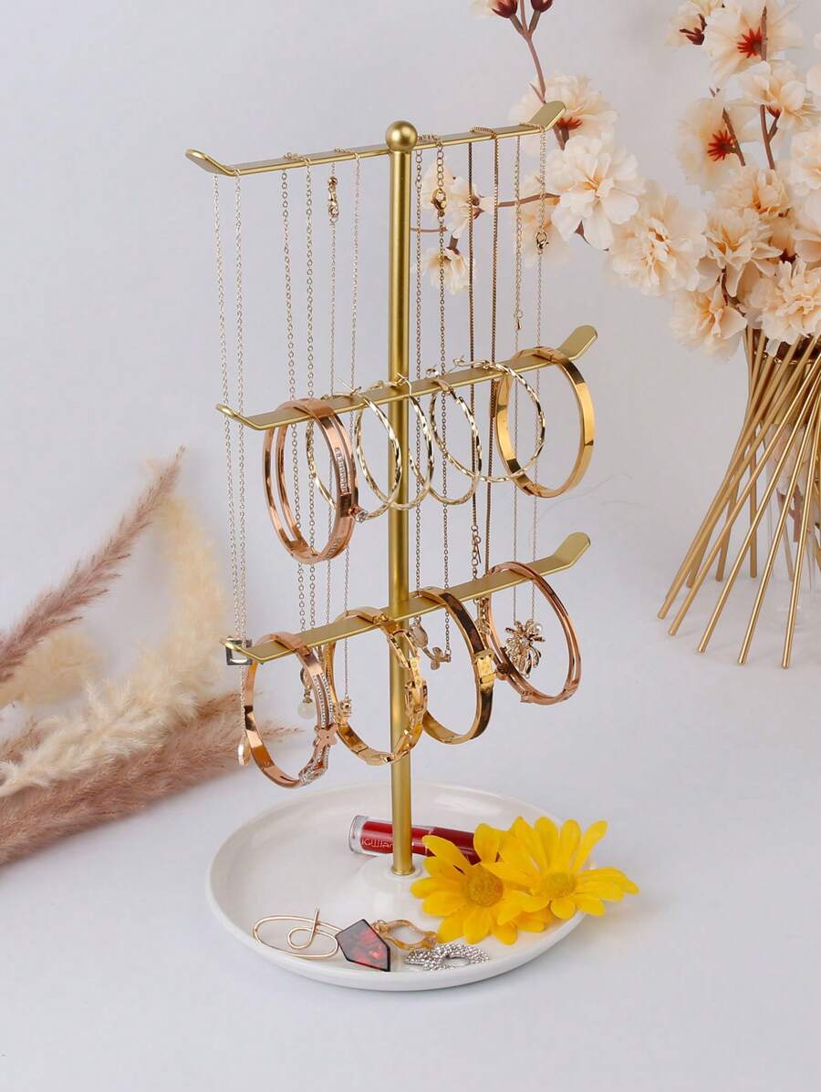 1 Pc Three-Tier Metal Necklace Holder With Jewelry Tray For Storing And Displaying Necklaces, Earrings And Bracelets. Earring Jewelry Rack, Suitable For Home Bedroom Dressing Table Organization Or Jewelry Retail, Valentine's Day Gift - Multicolor - View 1