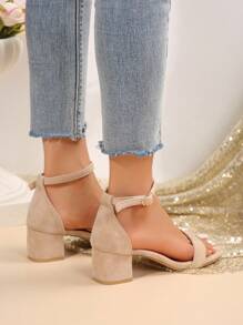 Women's Fashion High Heel Sandals, Summer Versatile Mid Heel Shoes With Strap , Apricot Color, Simple & Chunky Heel, Open Toe, Elegant Style, Comfortable For Daily Wear And Commuting, Roman Sandals - Apricot - View 3