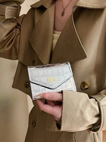 1 件个性化金属鳄鱼压纹翻盖小钱包口袋，金箔压印字母名称定制，超薄女士钱包，双折轻质 PU 皮革身份证钱包，简约时尚现代商务周年纪念礼物 - 黑色 - 查看 10