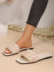 Mulheres Tira Strass Decoração Sandálias Casuais, Verão Ao Ar Livre Plástico Flat Chinelos