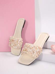 Mulheres Tira Strass Decoração Sandálias Casuais, Verão Ao Ar Livre Plástico Flat Chinelos