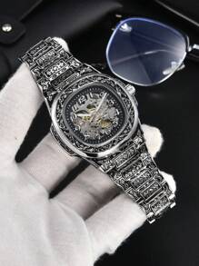 LONGLUX 1pc Men's Hollow Automatic Mechanical Movement Engraved Vintage Numeric Scale Waterproof Watch