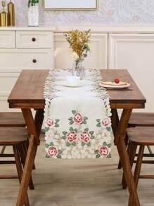 1pc Embroidered Hollow-Out Table Runner, Polyester, Spring Elements, Suitable For Coffee Tables, Cabinets, Kitchens, Dining Rooms, Holiday Parties And Gatherings Decoration - Beige - View 4