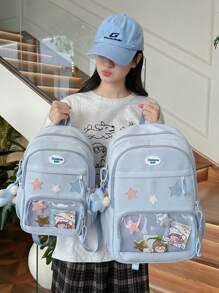 حقيبة ظهر نسائية باللون الوردي، حقيبة ظهر شفافة أنيقة من تصميم اللحف العشوائي، حقيبة نايلون كاجوال سعة كبيرة للسفر، حقيبة أنثوية هاراجوكو (مع خلاصة نجمة خماسية اللون عشوائي وبطاقة) - متعدد الألوان - مشاهدة 4