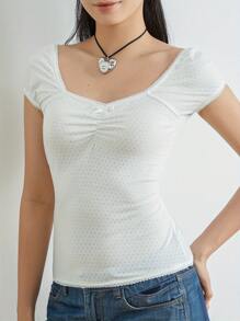 Camisetas de mujer crop top Y2K de manga corta, cuello cuadrado, acanalado, ajustado, con encaje en el borde, elegante para salir - Marfil - Ver 2