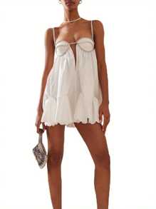 Women Loose Spaghetti Strap Dress Summer Crystal Rhinestone Cutout Cocktail Party Mini A-Line Dress For Beach Nightclub - White - View 2