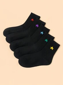 5双装女士秋冬袜，高弹力简约条纹运动袜，星形提花黑色袜子，个性化中筒袜，加固后跟，适合秋季穿着 - 黑色 - 查看 2